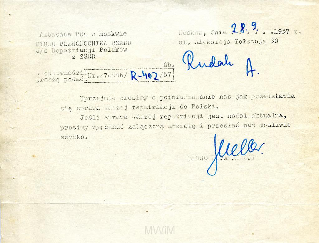 KKE 3641-1.jpg - List zawiadamiający o repatriacji.